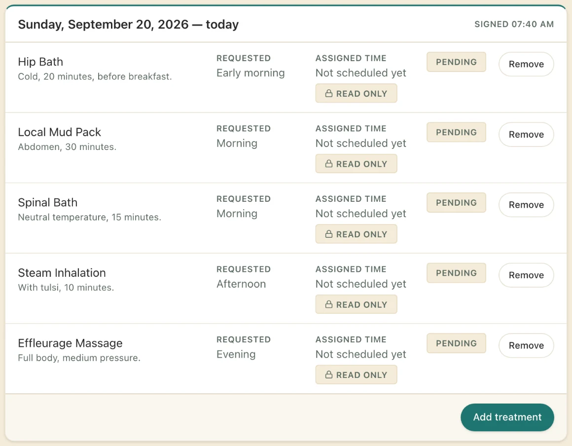 A day's treatment plan in Anmaya Care, signed at 7:40 am: hip bath, local mud pack, spinal bath, steam inhalation and effleurage massage, each with the time of day it is requested for.
